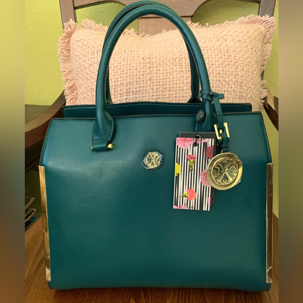 NWT Authentic Christian Lacroix Satchel handbag SEAGREEN faux leather 12Lx10Hx5D
